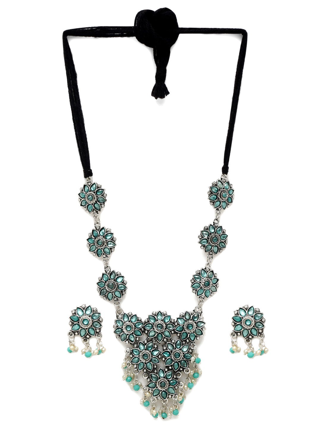 YouBella Jewellery Oxidised Silver Necklace Jewellery Set with Earrings for Girls and Women (Blue) (YBNK_50525)